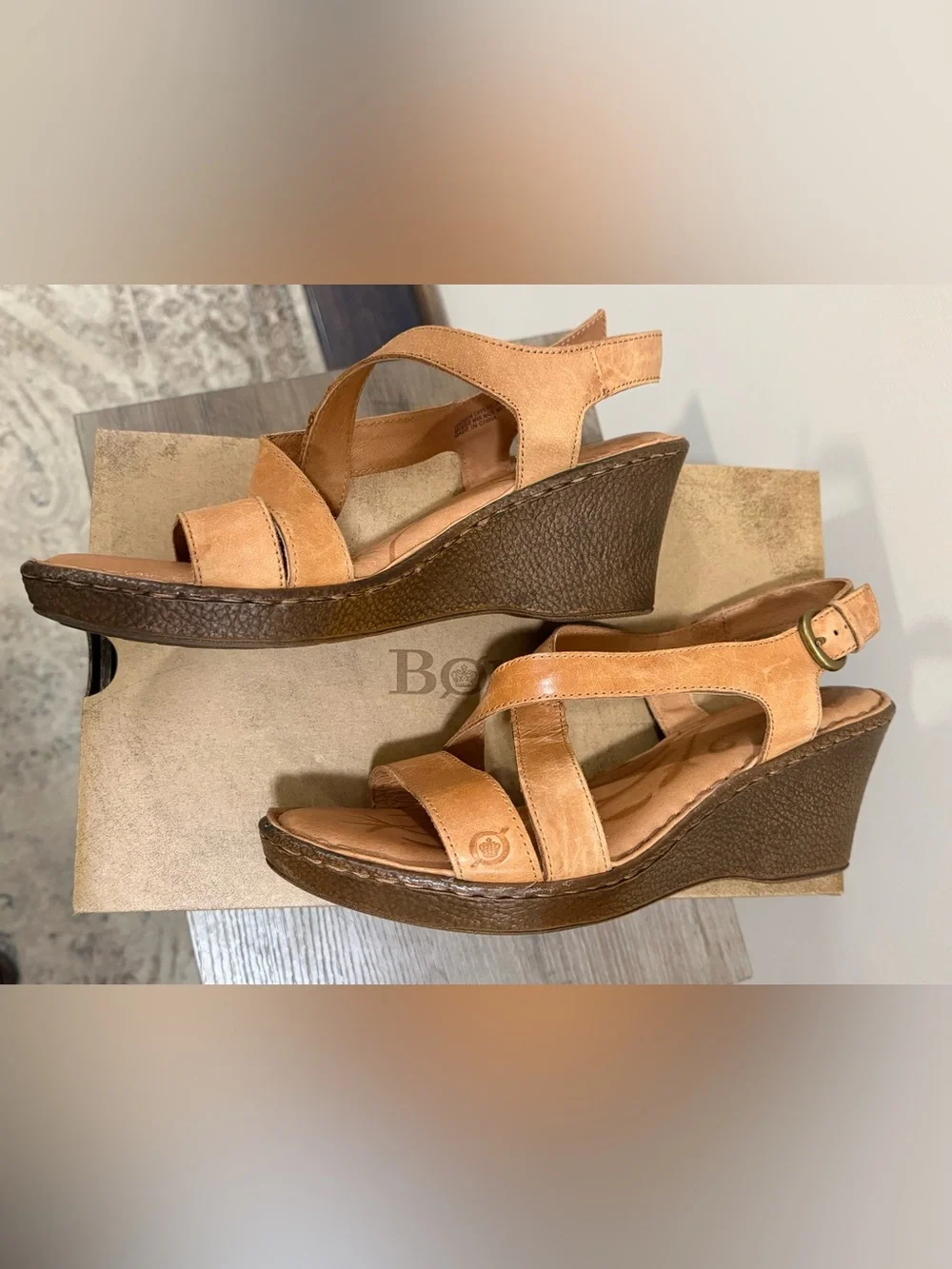 boc Tan Crisscross Wedge Sandals with Ankle Buckle